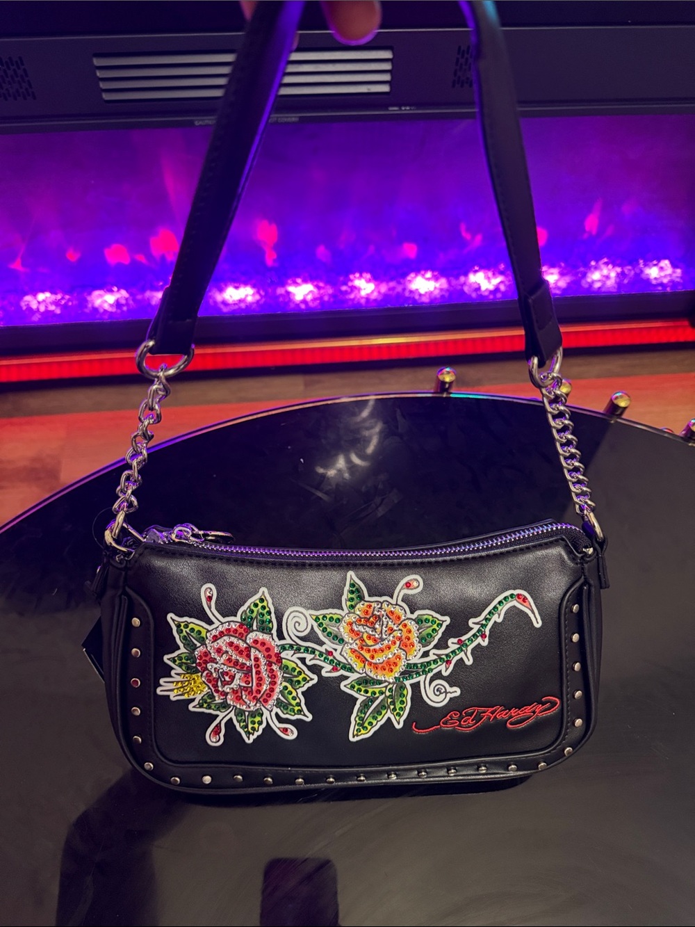 Ed Hardy Black Shoulder Bag with Colorful Floral Rhinestones